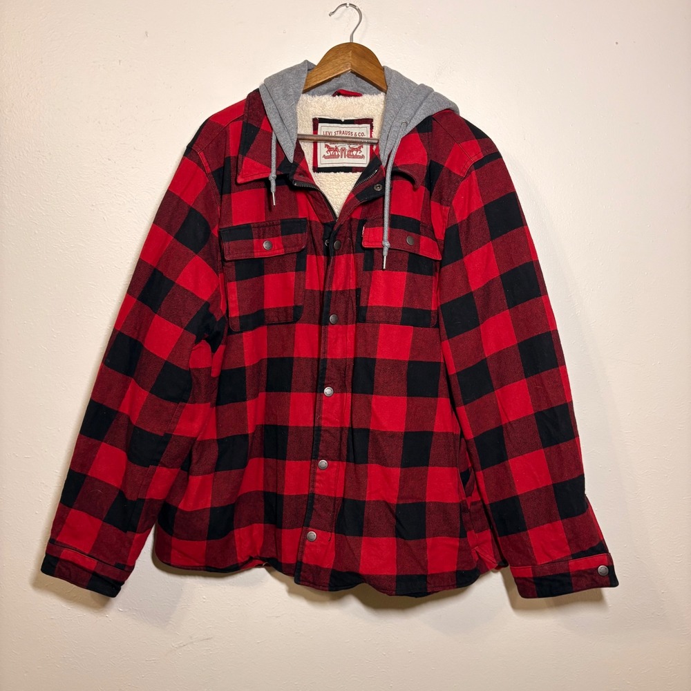 Levi Strauss Mens XXL Red Buffalo Plaid Sherpa Lined Hooded Flannel Jacket